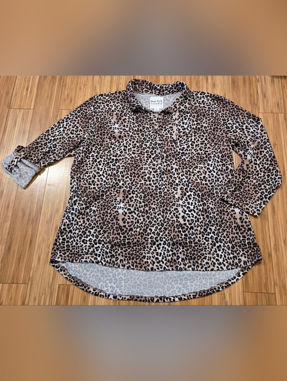 New York Laundry Leopard Print Button-Up Blouse - Tan & Black